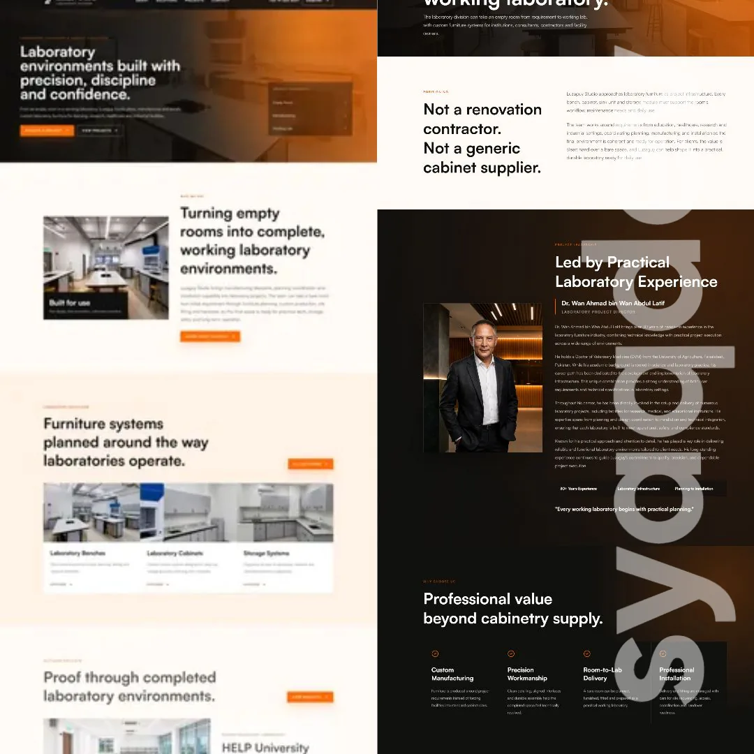Luzaguy laboratory planning and specialist cabinetry website design concept