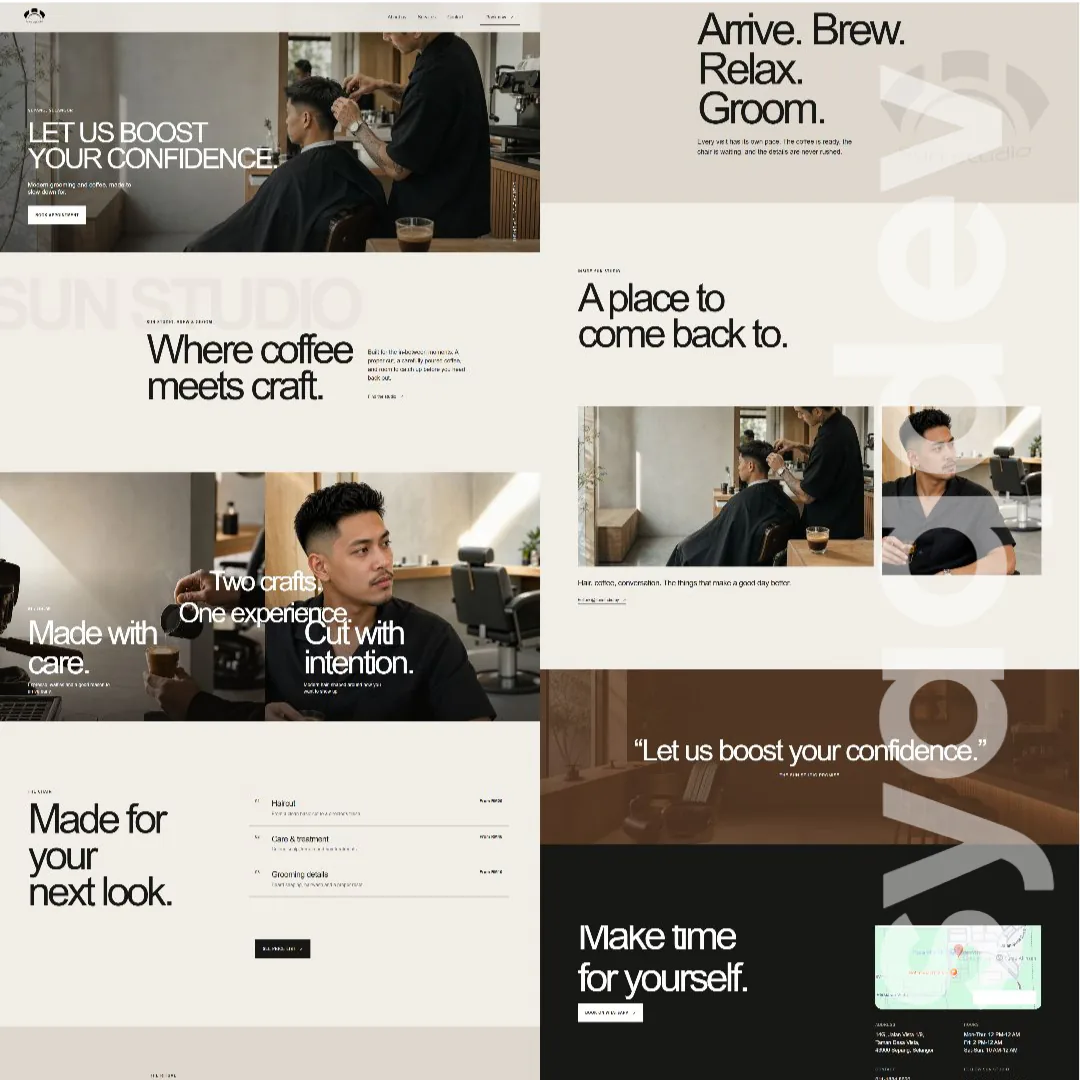 Sun Studio barbershop and coffee experience website design concept